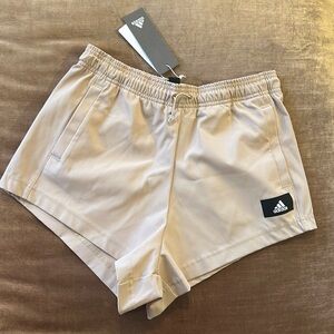 High waist adjustable elastic Curvy Adidas shorts Pockets front.Beige Nude color